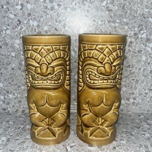 MAI KAI Restaurant 2 Tiki Mugs Ceramic Glazed 6.25" Tall Tumbler Cup Bar Decor